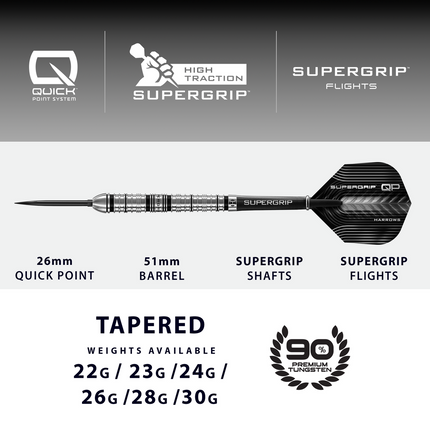 Harrows SuperGrip Tapered Quick Point 90% Tungsten Darts