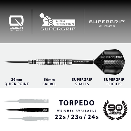 Harrows SuperGrip Torpedo Quick Point 90% Tungsten Darts
